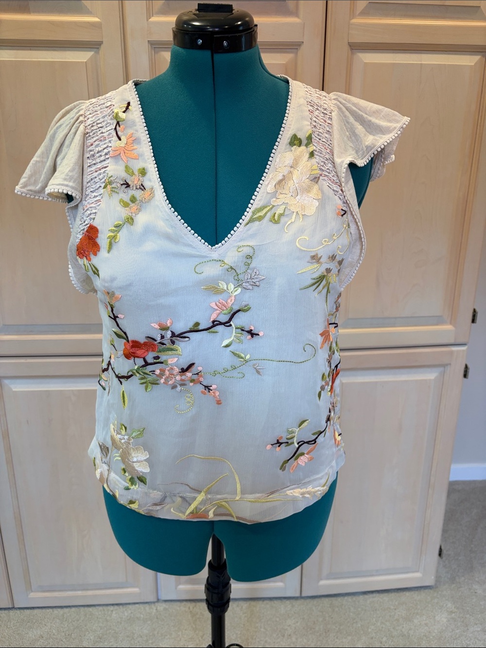 Embroidered V-Neck Flutter Sleeve Top - Light Blue with Floral Embroidery